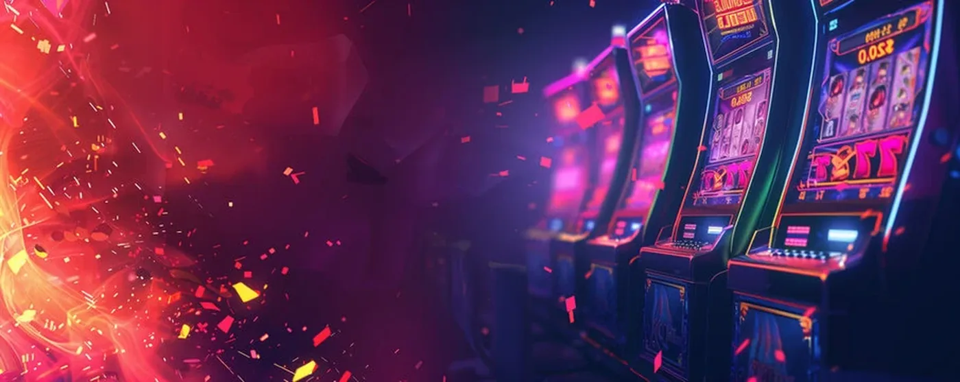 A row of brightly lit neon pokie machines with glowing reels, surrounded by pink and gold confetti and a fiery burst of light on a deep crimson-purple background
